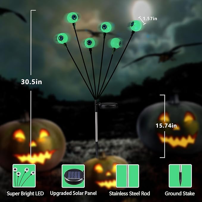 YIQU 2 Pack Halloween Outdoor Decorations Solar Eyeball Lights, 12 LED Green Eyeball Swaying Firefly Light with 2 Lighting Modes, Halloween Decor Waterproof for Patio Yard Lawn Graveyard Props