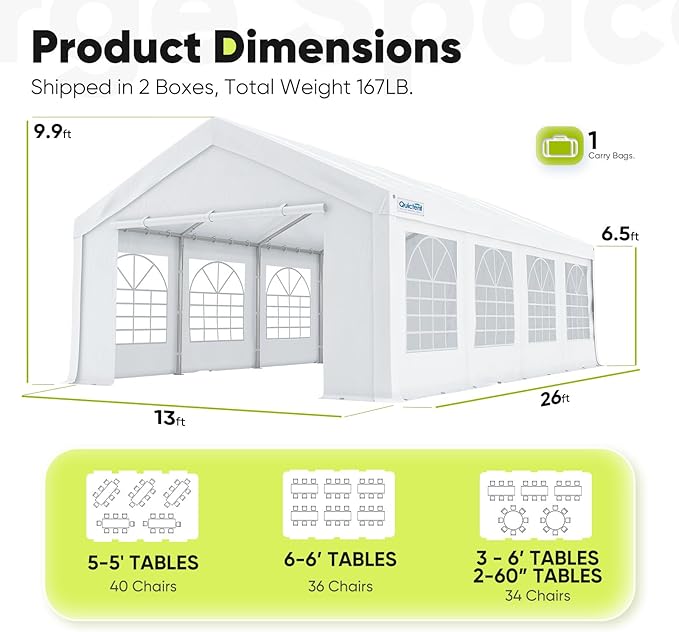 Quictent 13x26 Party Tent Heavy Duty Outdoor Canopy Tent Carport Wedding Event Shelter BBQ Wedding Tents for Parties with Storage Bags(Church)