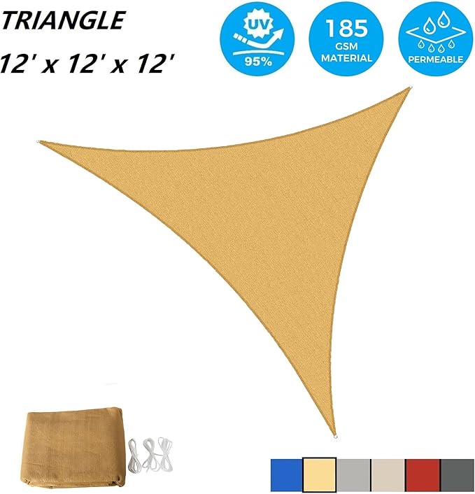 AsterOutdoor Sun Shade Sail Triangle 12' x 12' x 12' UV Block Canopy for Patio Backyard Lawn Garden Outdoor Activities, Sand