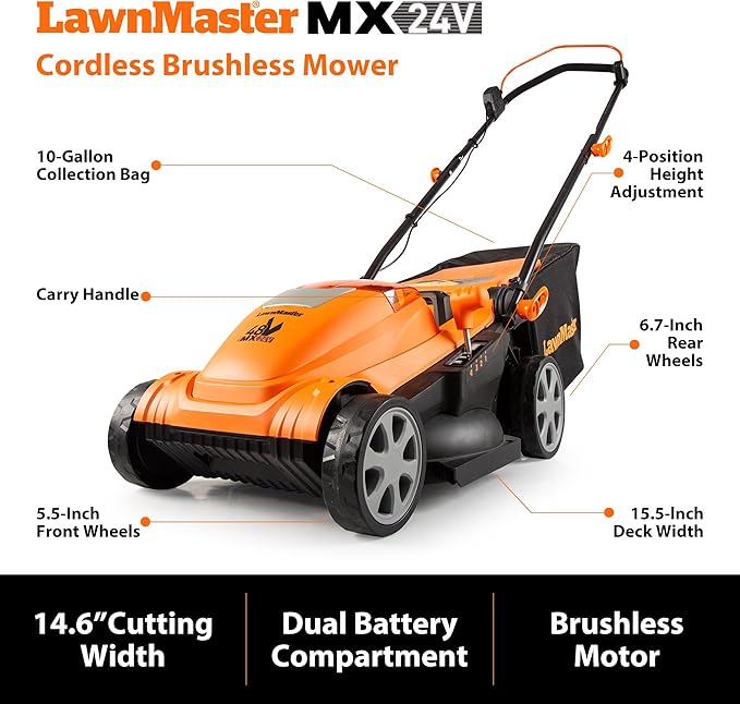 LawnMaster CLMF4815E 48V MAX* 15-inch Brushless Cordless Lawn Mower with 2X24V MAX* 4.0Ah Battery and a Dual Charger