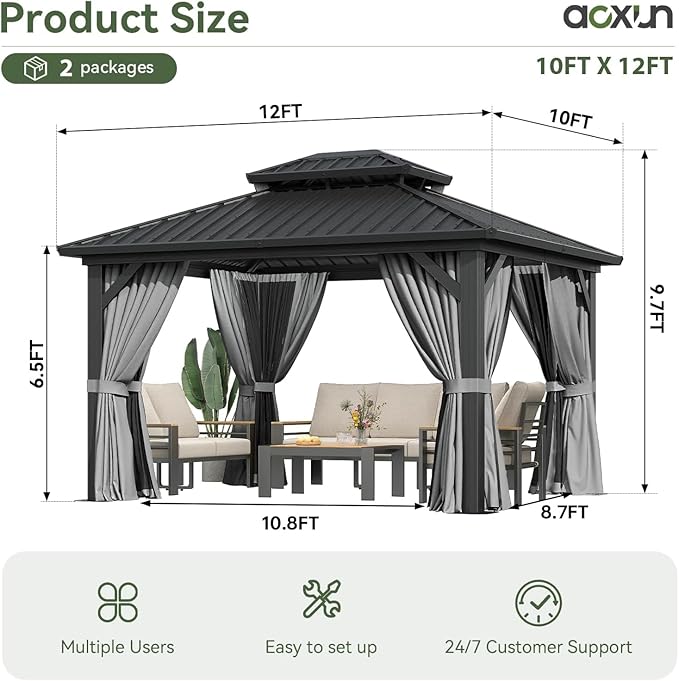 Aoxun 12'x10' Hardtop Gazebo, Aluminum Frame Permanent Pavilion with Curtains and Netting, Outdoor Galvanized Double Roof Canopy, Designed for Garden, Lawns, Patio