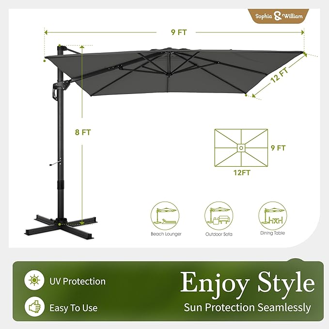 Sophia & William Cantilever Patio Umbrella 9x12ft, Large Outdoor Umbrellas with Crank Handle, 6-Level Tilt,360° Rotation, Windproof, Crashproof,Design for Pool Garden Backyard (Grey)