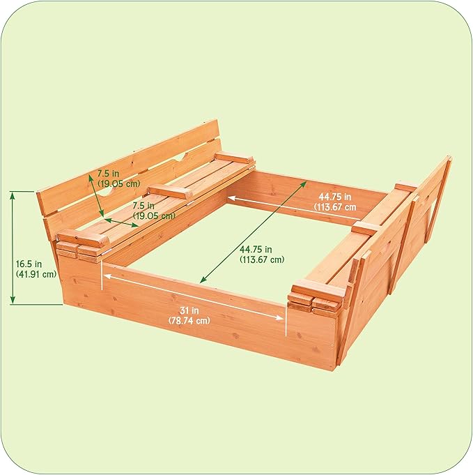 Badger Basket Wooden Sandbox with Lid & Benches - Large Outdoor Sandbox for Kids Made of Cedar - Foldable Cover, Seating & Backyard Playset (46.5 x 46.5 x 9.5)