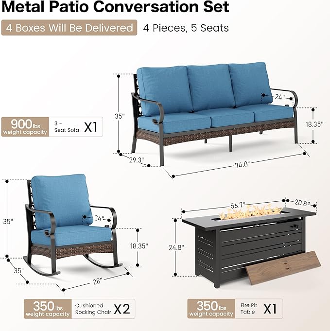 4 Piece Metal Outdoor Patio Furniture Sets with Firepit Table, Patio Conversation Sets 1 3-Seater Sofa, 2 Rocking Sofa with 5.75" Thick Cushion Backyard Furniture for Deck, Denim Blue