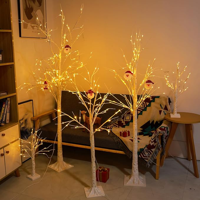 6FT, 5FT and 4FT, Set of 3 Pack Christmas Lighted Birch Tree, Higher Size & Timer Function, 300 LED Twinkling Twig Birch Christmas Tree with Warm White Lights for Indoor Outdoor Christmas Decorations