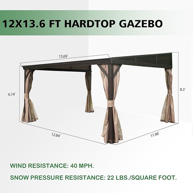 12’ x 14’ Lean to Gazebo, Outdoor Wall Mounted Gazebo Aluminum Frame, Hardtop Pergola with Galvanized Steel Sloping Roof for Patio Deck Garden Backyard, Curtain and Netting Included