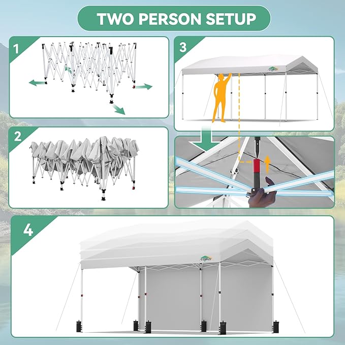 COBIZI 10x20 Pop Up Canopy with One Button Push Center Lock,Ez Up Portable Carport with 2 sidewalls,Waterproof UV50+ Outdoor Party Commercial Carport Canopy Gazebos with Carry Bag(10 x 20 ft White)