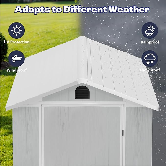 Greesum 4x8FT Plastic Outdoor Storage Shed with Floor, Resin Storaged Sheds with Lockable Door, Window & Vent, All-Weather Tool Sheds for Garden, Backyard, Patio, Light Gray (One-Piece Panel)