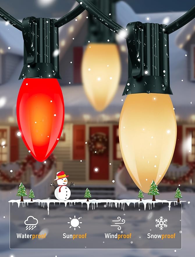 25Ft LED C9 Red and White Christmas Lights Outdoor, C9 Vintage Christmas Lights with 26 LED Red and White Bulbs, Hanging Outdoor String Lights for Patio Outside Holidays Party Xmas Roofline Wedding