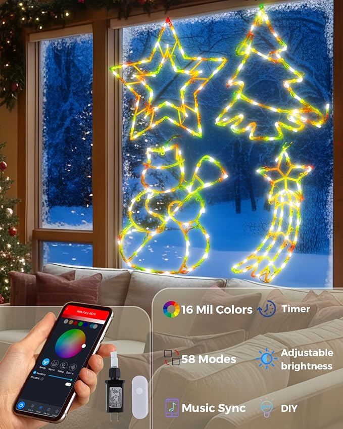 12'' Smart Christmas Window Lights 4 Pack, Color Changing Window Silhouette Lights, Timer, App Control, Music Sync, Xmas Trees, Snowmen, Star, Lighted Christmas Decorations for Indoor Outdoor