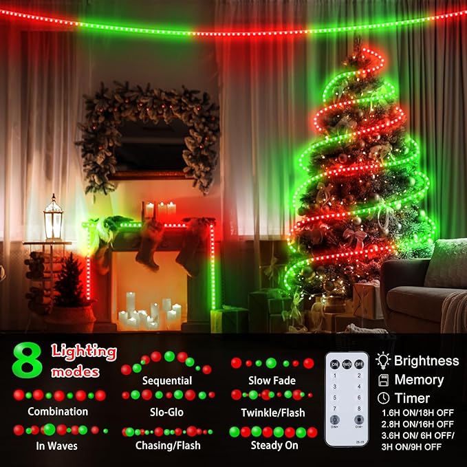 Christmas Rope Lights Outdoor, 100Ft 1200 LED Red and Green String Lights, Waterproof Tube Light Plug in 8 Modes Timer Memory, Permanent Christmas Lights for Tree Fence Yard House Decorations