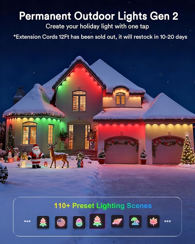 Lumary Smart Permanent Outdoor Lights 2 with Remote & Slide-Base, 100ft with 60 RGBAICW LEDs 3600lm for Daily & Accent Lighting, 110+ Scene for Halloween Christmas Decor, Work with Alexa Google, White