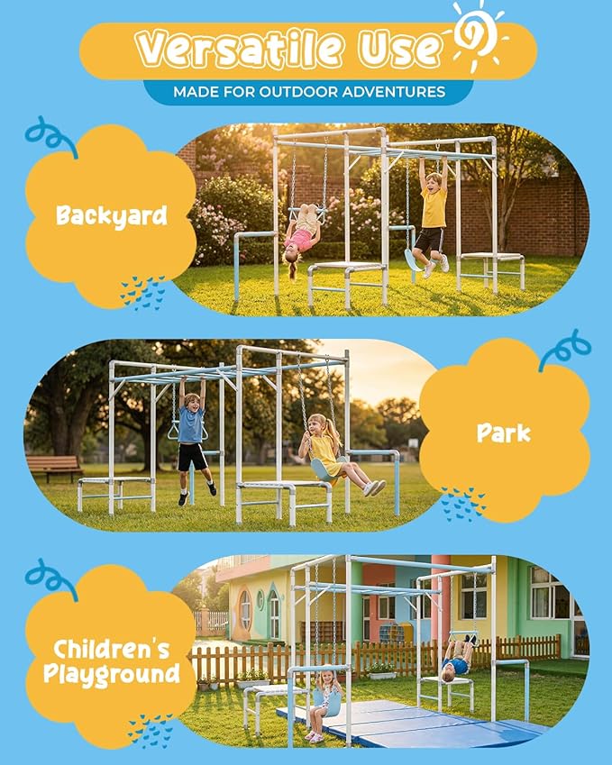 Outdoor Jungle Gym with Monkey Bars Frame, Climbing Set, Trapeze Swing Bar, Belt Swing, Kids Gymnastics Bars, Playground Set with Powder Coated Galvanized Steel for Backyard, Garden, White