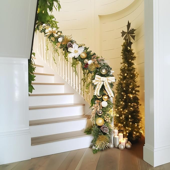WBHome Pre-lit 6 Feet/72 Inch Christmas Garland, White & Gold Lighted Garland with 35 LED Lights for Indoor Outdoor Xmas Decor Holiday Decorations, Battery Operated (Batteries NOT Included)