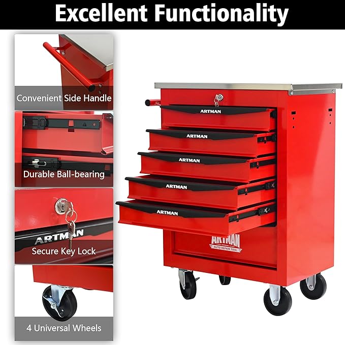 RYH 4/5/6/7 Drawers Rolling Tool Chest -Heavy Duty Mobile Metal Tool Box with Locking Wheels, with Stainless Steel Worktop, Garage Tool Storage Cabinet (Red, 6-Drawers 30.7 H¡¿22.2 W)