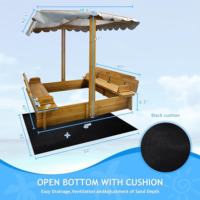Kids Sandbox with Lid, Wooden Sand Box with Cover Outdoor, UV-Protection & Natural Wood, Foldable Bench Seat, Adjustable Canopy, Sand Box for Kids Ages 2-8£¨47x47in£©