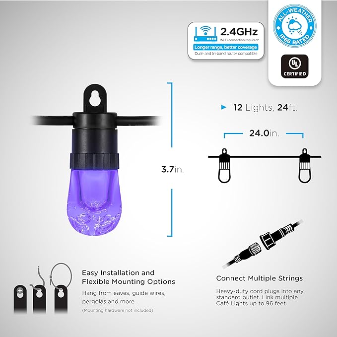 Enbrighten Vibe Smart Color Changing String Lights, 24ft Black Cord, 12 Shatterproof Acrylic Bulbs, Weatherproof, Dimmable, Outdoor String Lights, Works with Alexa, Google Home, 2 Pack, 82764