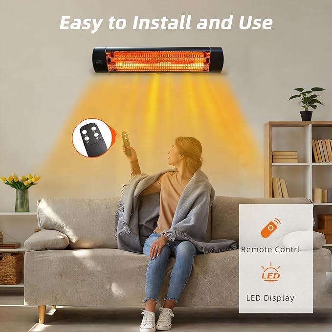 Electric Outdoor Patio Heater with Tripod, 1500W Infrared Heater Remote, 12H Timer, IPX6 Waterproof, 3 Heat Levels, Portable Electric Space Heater for Garage Backyard Indoor Use