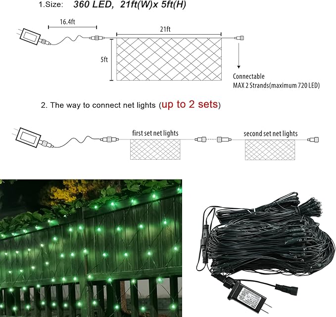 OYCBUZO 360LED Green Net Lights Outdoor, 21ft x 5ft 8 Modes Connectable Mesh Lights St Patricks Day Decor, Waterproof Outdoor Bush Christmas Light Plug in for Xmas Tree Holiday Party Patio Garden
