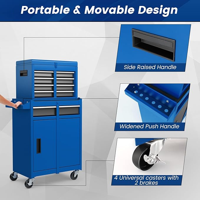 ERGOMASTER Tool Chest Heavy Duty Rolling Tool Box with Cabinet 5-Drawer for Lockable & Removable Cabinet for Garage and Workshop - Blue