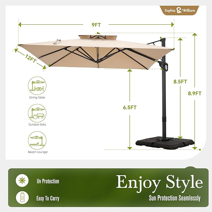 Sophia & William 12ft Cantilever Patio Umbrella with Base, Outdoor Offset Large Rectangular Umbrellas with 360-degree Rotation, Aluminum Pole for Garden Pool Backyard, Beige
