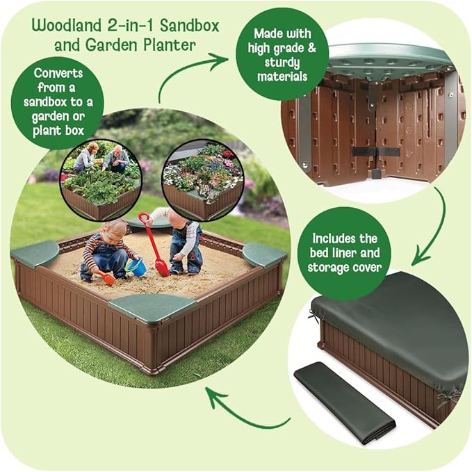 Badger Basket 2 in 1 Sandbox & Garden Planter - Easy Assembly Outdoor Sensory Play and Planting Box - Durable Woodgrain Plastic with Cover & Liner - (48.75 x 48.75 x 12.01)