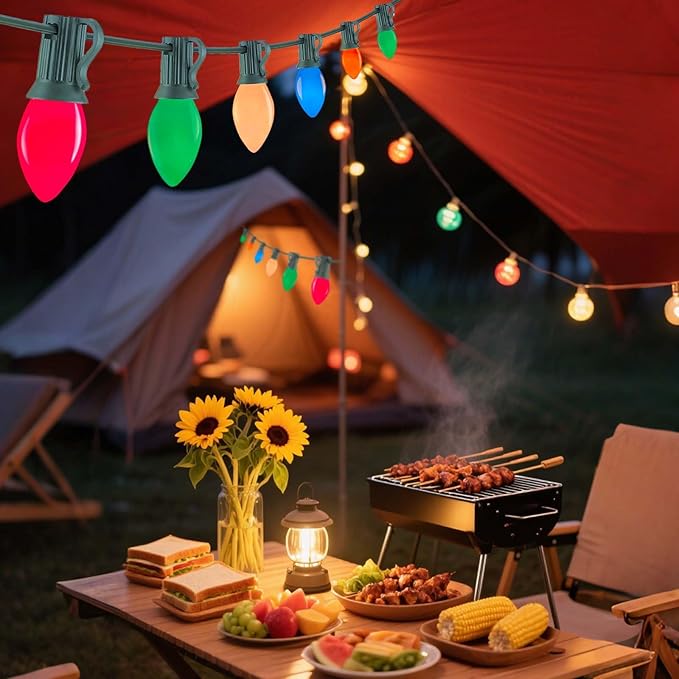 C7 Christmas Lights Outdoor Multicolor 5W,25Ft Incandescent Vintage String Lights with 27 Glass Bulbs,Green Wire,Waterproof for Outdoor Decor (Roofline,House,Garden,Patio)