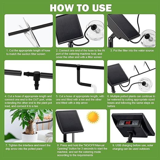 Automatic Plant Waterer Indoor, Drip Irrigation Systems for Potted Plant, Solar Powered Vacation Plant Watering Devices with Battery Alerts and Timer for for Housplants, Garden Irrigation