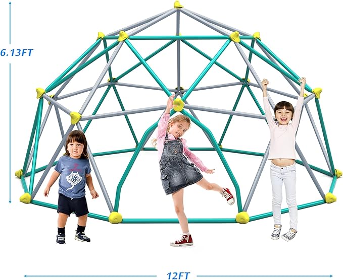 12ft Climbing Dome, Geometric Dome Climber Play Center, Kids Climbing Dome Tower, Rust & UV Resistant Steel Supporting 1000 LBS, Green + Silver