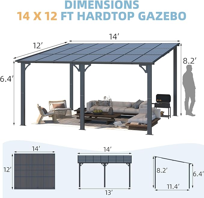 AECOJOY 14' x 12' Gazebo Outdoor Pergola for Patio, Large Wall-Mounted Hard Top 12x14 Lean to Metal Gazebo Shelter Pergolas and Gazebos Clearance with Patio Roof, Heavy Duty Awnings for Patio, Decks