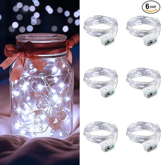 AIKEI 6 Pack LED Fairy Lights Battery Operated, Mini String Lights Waterproof 7 Feet 20 Led Firefly Starry Lamps 3 Working Modes for Wedding Party Bedroom Garden Halloween Christmas Decoration White