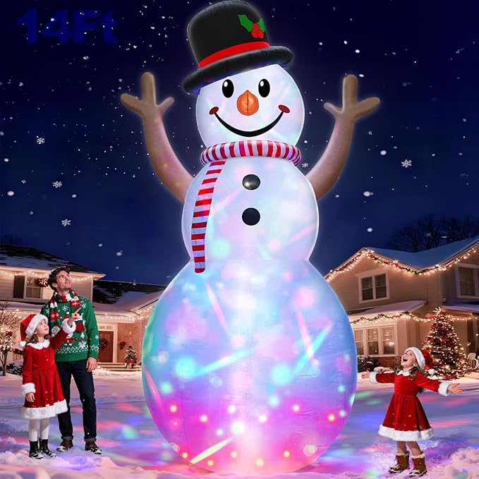 14 Ft Huge Christmas Inflatable Snowman with Rotating Colorful Lights Hat & Scarf Christmas Decorations Outdoor with Build-in LED Lights Xmas Blow Up Yard Decor for Lawn Garden Holiday