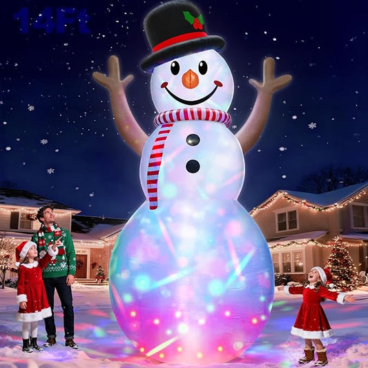 14 Ft Huge Christmas Inflatable Snowman with Rotating Colorful Lights Hat & Scarf Christmas Decorations Outdoor with Build-in LED Lights Xmas Blow Up Yard Decor for Lawn Garden Holiday