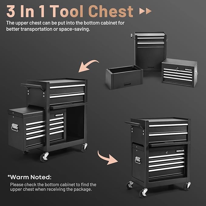 ERGOMASTER Rolling Tool Chest - Removable Top Box Large Bottom Cabinet with Casters and Lock System Tool-Box - Heighten 6-Drawer Black