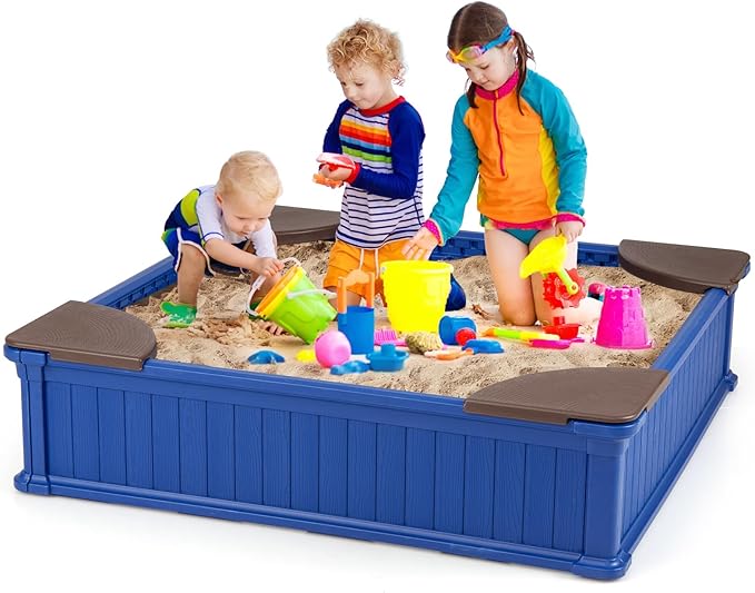 HONEY JOY 12.5 Kids Sandbox with Cover, 48 x 48 Inch Large HDPE Pit for Backyard, 4 Corner Seats & Bottom Liner, Sand Protection, All Weather Resistant Sand Boxes for Kids Outdoor (Blue)