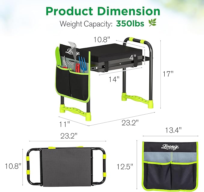 10.8¡± Wide Garden Kneeler and Seat, Heavy Duty Foldable Gardening Stool with Tool Belt Pouch, Included Thickened Kneeling Pad, Portable Gardening Bench Chair for Seniors & Parents
