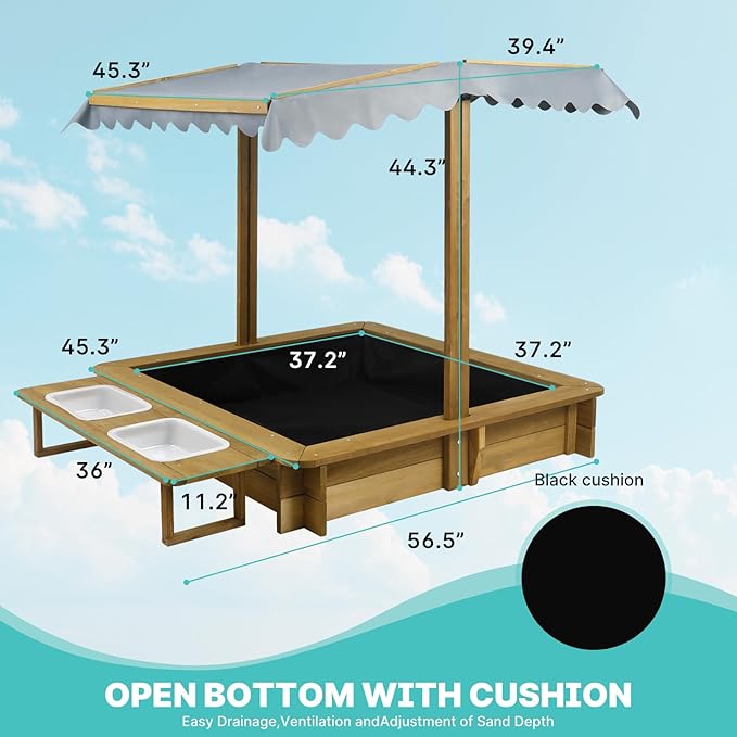 Outdoor Kids Sandbox with Lid, Wooden Sand Box with Cover, with 2 Side Buckets, Adjustable Canopy & UV-Protection, Smooth Surface, Sand Box for Kids Ages 2-8£¨45.3x45.3in£©