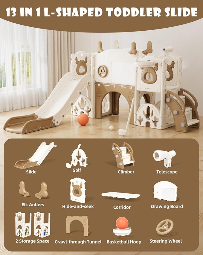 XJD 13 in 1 Toddler Slide Set, Kids Slide for Toddlers Age 1+, New Upgrade with Golf Set, Basketball Hoop, Drawing Board for Indoor Outdoor Playset,Birthday Gifts for Toddler (Brown)