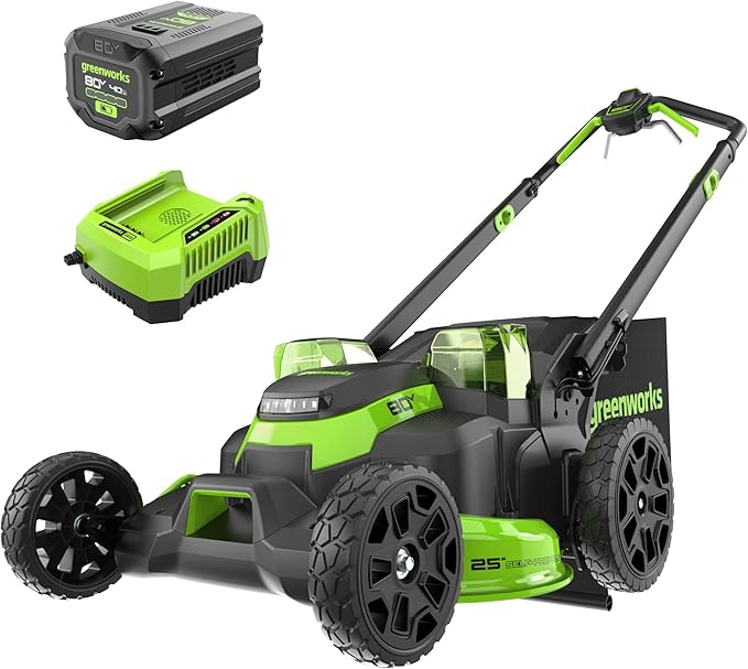 Greenworks 80V 25 Brushless Cordless (Self-Propelled) Dual Blade Lawn Mower (LED Headlight + Aluminum Handles), 4.0Ah Battery and Rapid Charger Included