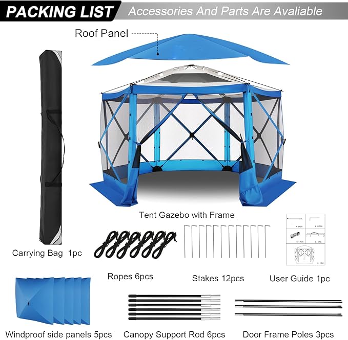 COBlZl Pop Up Gazebo 12x12 Screen House Tent for Camping, Outdoor Instant Stargazing Gazebo Canopy with Awning 2.0, Portable Hub Tent with Removable Sidewalls,Pavilion for Backyard,Blue