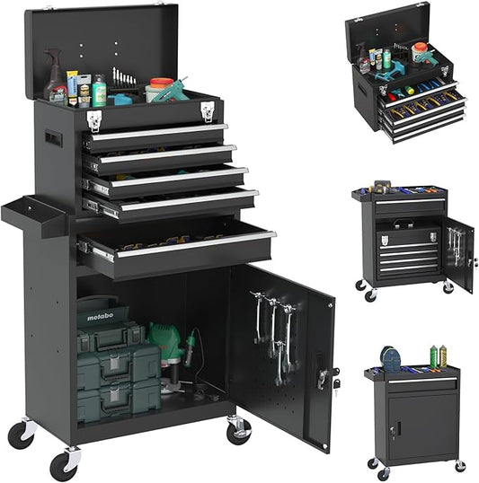 Rolling Tool Box with Wheels, 5-Drawer High Capacity Tool Chest with Wheels, Removable Storage Toolbox with Lock for Garage, Workshop (Black)