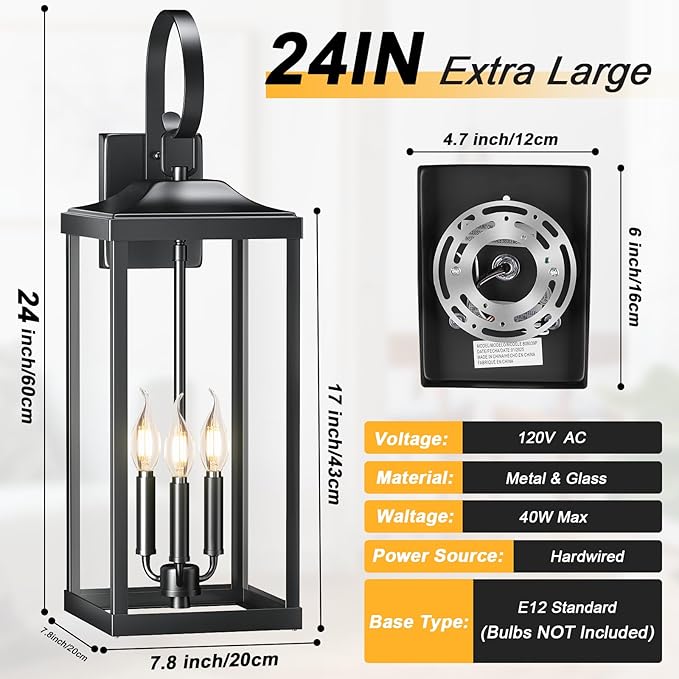 2 Packs 24" Extra Large Outside Wall Light Fixture 3-Light, Black Outdoor Porch Lantern Wall Mounted, Waterproof Modern Outside Wall Sconce Coach Lamp for House, E12