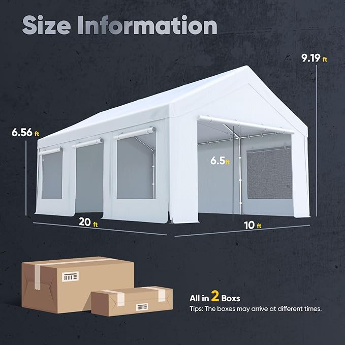 Quictent Heavy Duty 10x20 ft Carports with Side Zipper Doors & Snowproof Steel Cables & Ventilated Windows, Waterproof Storage Shelter for Car, Boat, RV, Outdoor Equipment, White