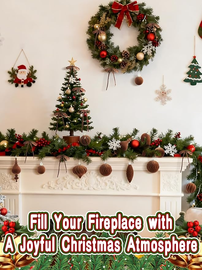 80Pcs Velvet Star Topper & Ornaments for Christmas Tree Decorations - 1 Topper Star, 2 Candy Canes, 27 Flocked Shatterproof Balls and 50 Bows (Brown)
