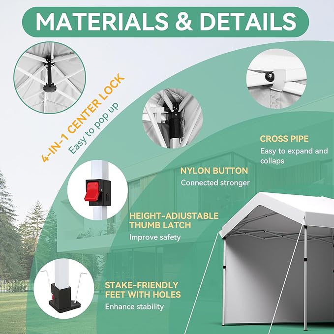 COBIZI 10x30 Pop Up Canopy with One Button Push Center Lock,Ez Up Portable Carport with 3 sidewalls,Waterproof UV50+ Outdoor Party Commercial Carport Canopy Gazebos with Roller Bag(10 x 30 ft White)