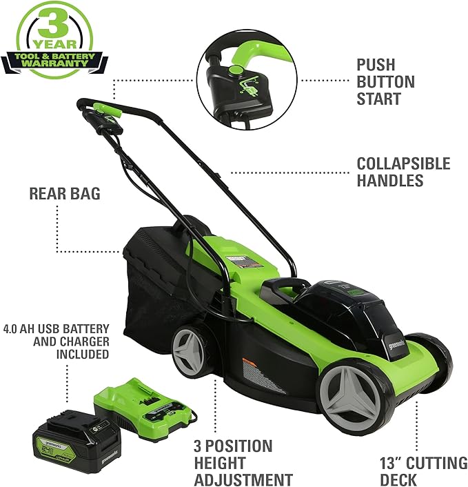 Greenworks 24V 13-Inch Cordless (2-In-1) Push Lawn Mower, 4.0Ah USB Battery (USB Hub) and Charger Included MO24B410