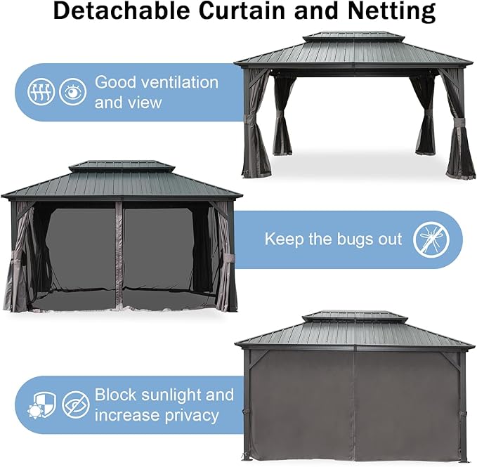 Domi 10x14FT Hardtop Gazebos, Aluminum Metal Gazebo with Galvanized Steel Double Roof Canopy, Curtain and Netting, Permanent Gazebo Pavilion for Patio, Backyard, Deck and Lawn, Grey