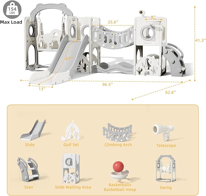 67i Toddler Indoor Playground Slide and Swing Set with Climbing Arch, Golf, Basketball - Outdoor Playset for Toddlers 1-3, Kids Activity Center (White Gray, with Swing)