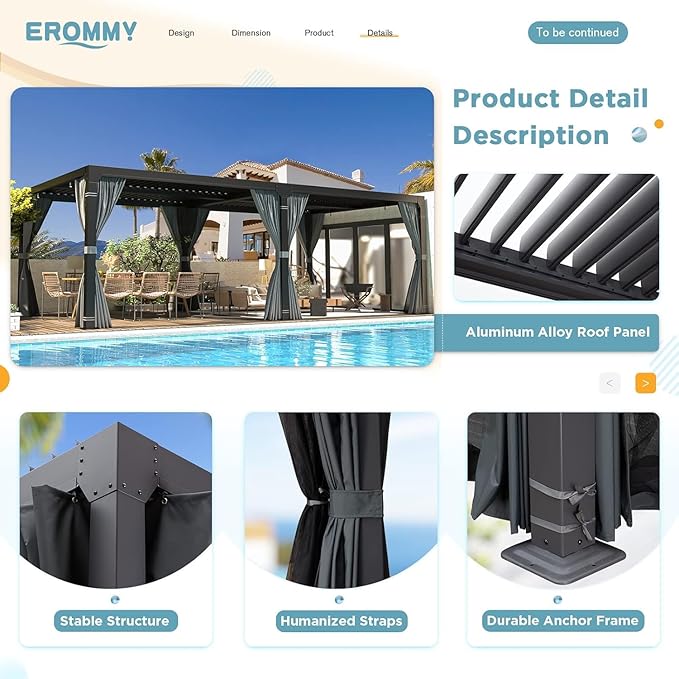 EROMMY Louvered Pergola 12' x 20' Outdoor Hard Top Pergola with Aluminum Frame and Adjustable Metal Rainproof Roof for Garden & Patio, Curtains and Netting Included, Gray-Black