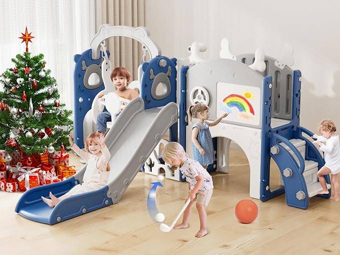 XJD 13-in-1 Toddler Slide and Swing Set, Kids Slide for Toddlers Age 1+, Toddler Outdoor Playset New Upgrade with Golf Set, Basketball Hoop, Drawing Board for Playground (Blue White)